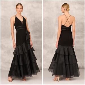 AIDAN MATTOX
TIERED TRUMPET DRESS WITH RUFFLES IN BLACK Size 4
